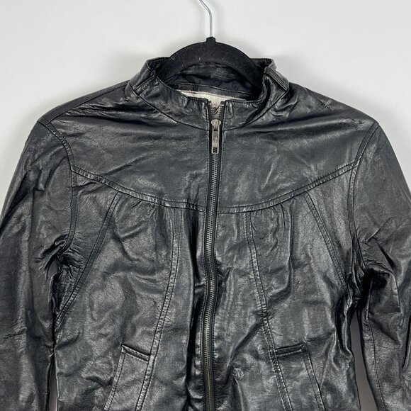 Kismet Cropped Biker Jacket Size S Black Faux Leather Long Sleeve Full Zip Band - Picture 2 of 9